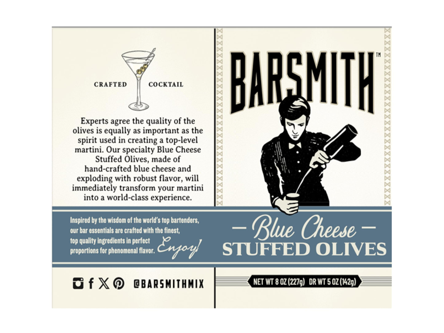 Barsmith Blue Cheese Stuffed Olives - Gourmet Cocktail Garnish - 8 oz Jar