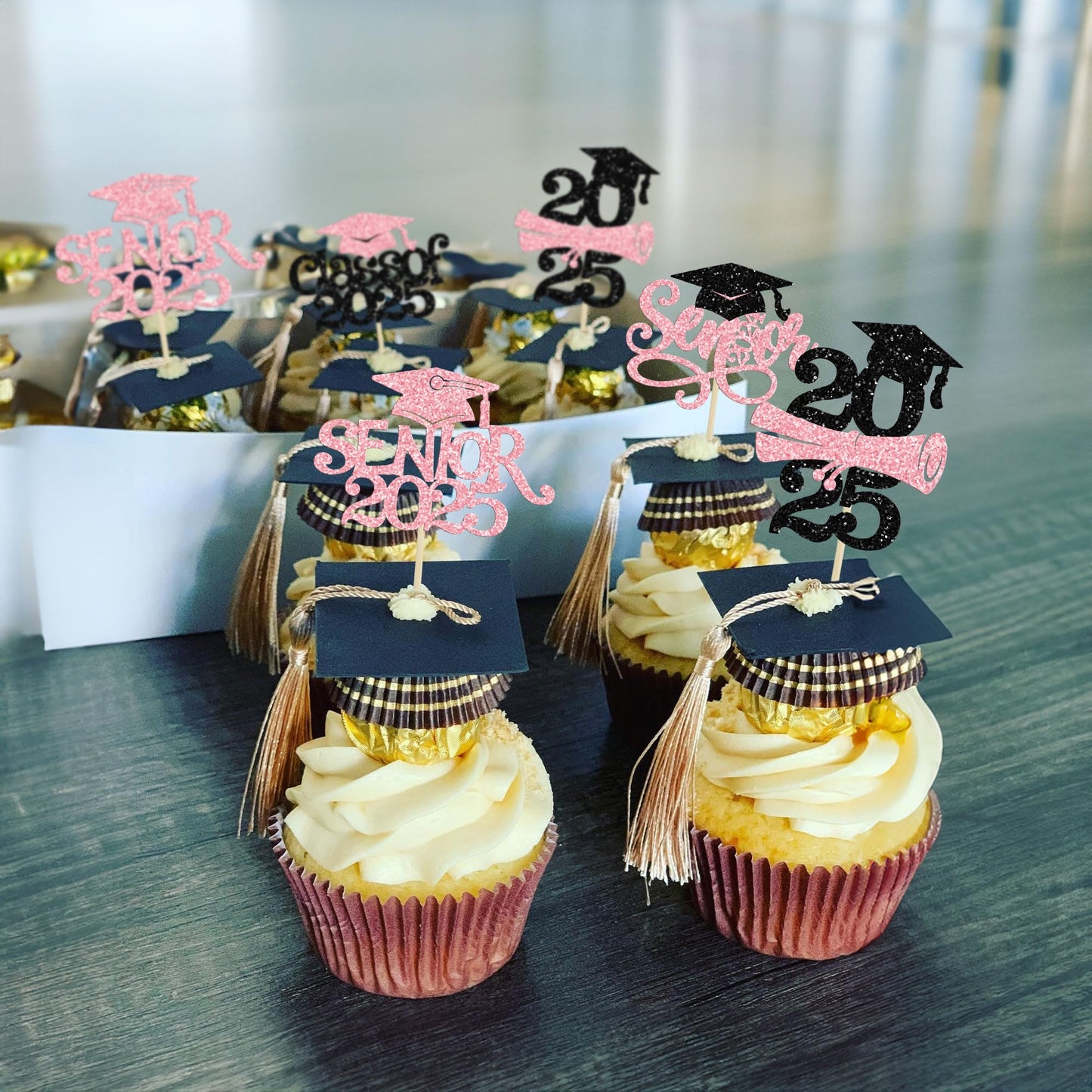 Gyufise 24Pcs Graduation Cupcake Toppers, Glitter Senior Class of 2025, Paper, Pink
