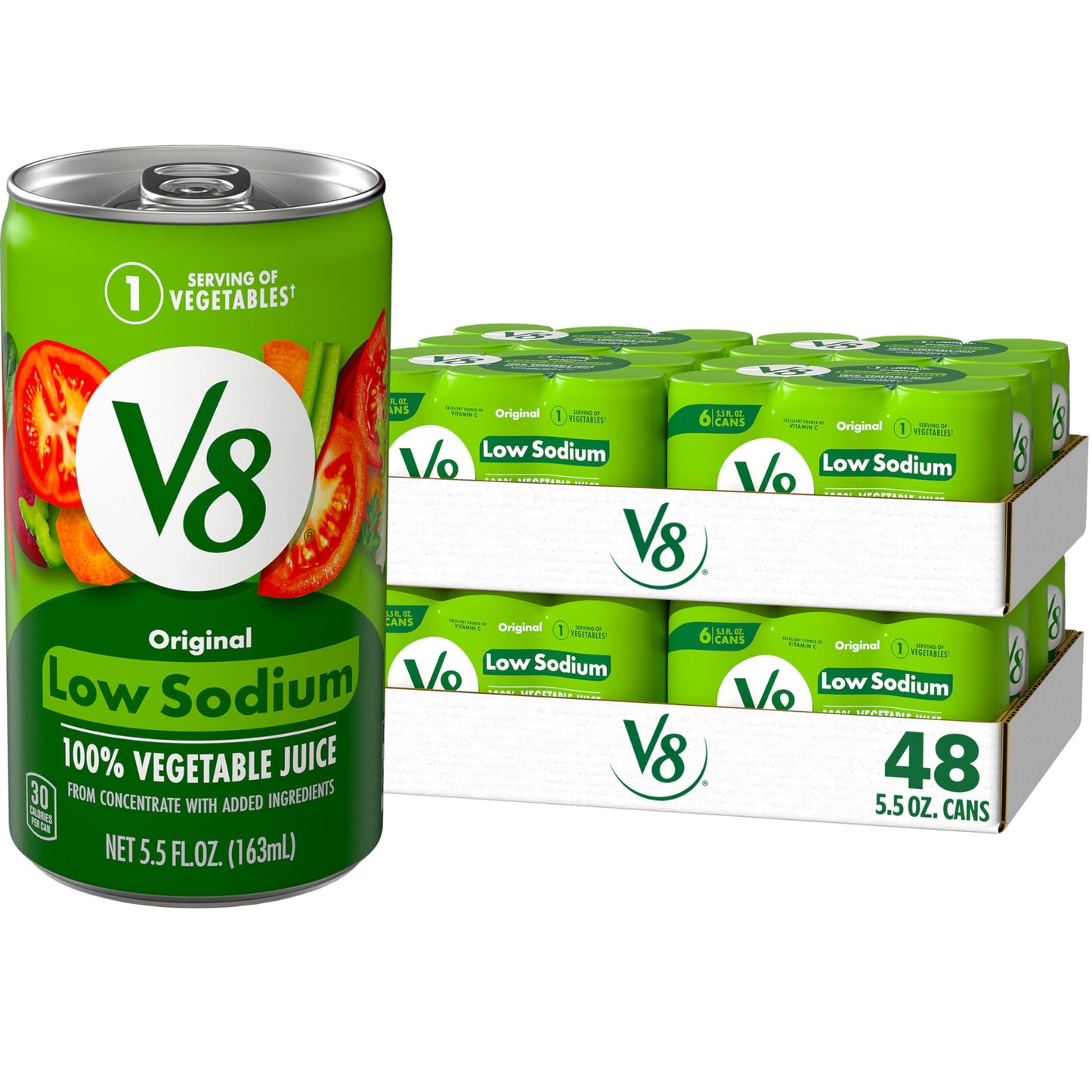 V8 Low Sodium Original Vegetable Juice, Tomato Blend, 5.5 FL OZ Can, Pack of 48