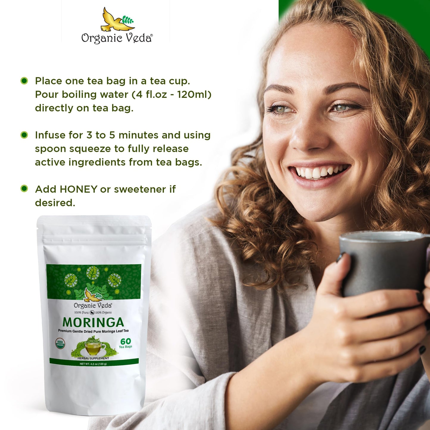 Organic Veda Moringa Tea Bags - 100% Pure Organically Grown Original Green Leaves Moringa Powder Rich In Vitamins, Amino Acids,