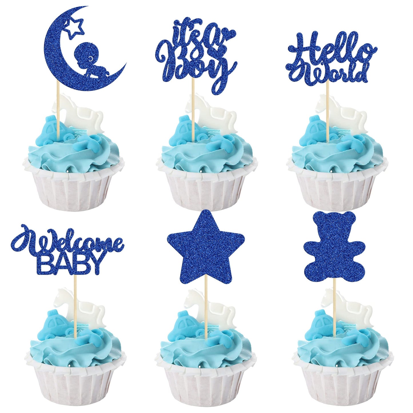 Gyufise 24Pcs Baby Shower Boy Cupcake Toppers With Moon Star Bear Light Blue Glitter ItS A Boy Welcome Baby Hello World Baby Boy Cupcake Picks Baby Shower Kids Boys Birthday Party Supplies