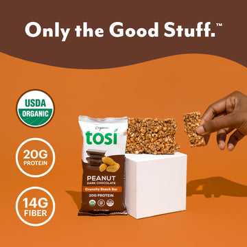 Tosi Dark Chocolate Peanut Protein Bars, Plant Based With Nuts, Gluten-Free Crunchy Snacks, Vegan, Organic, Flax & Chia Seeds, S