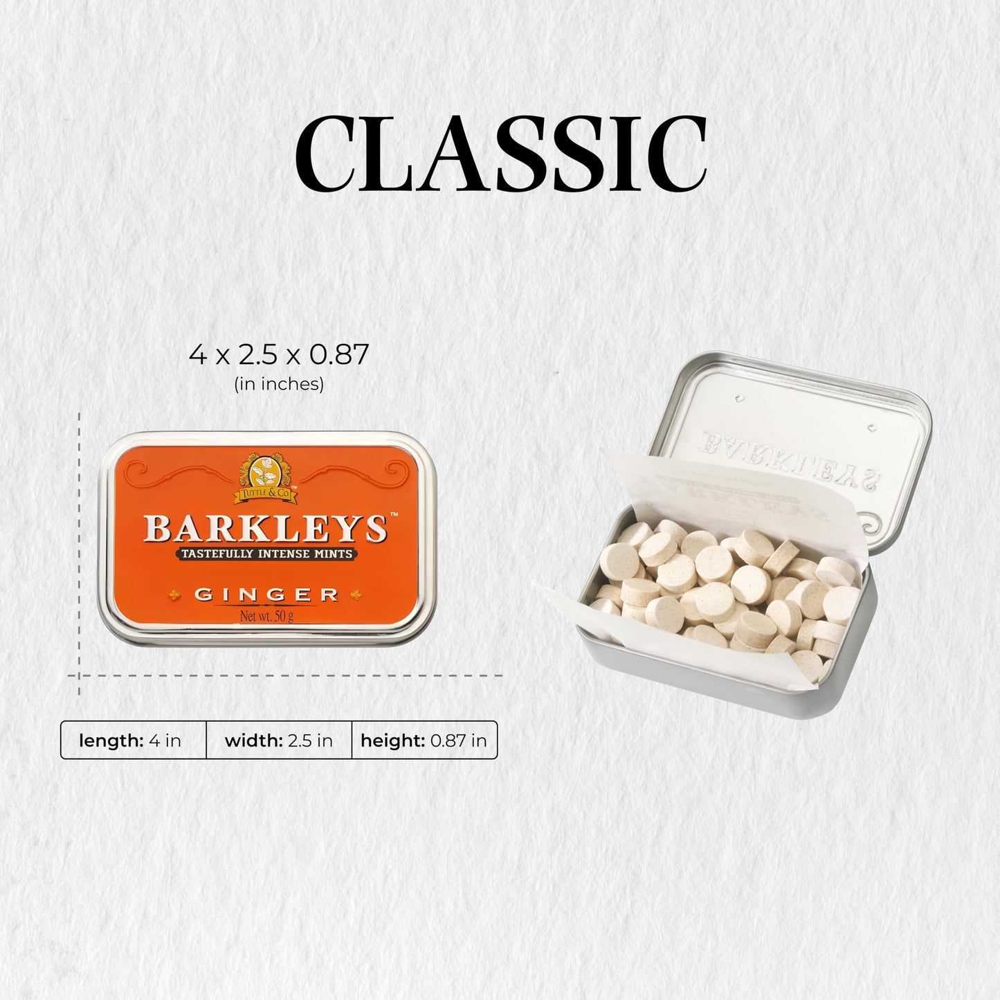 Barkleys Ginger Breath Mints - Vegan Cool Mint Candy - 50 Count - 1 Pack - Classic Travel Tin