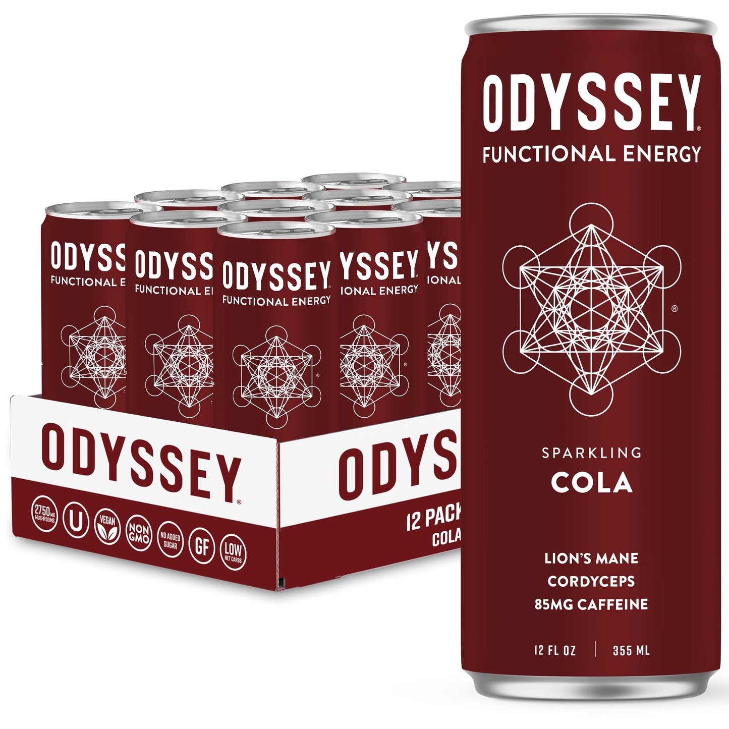 Odyssey Elixir Cognition + Sustainable Energy - LionS Mane Cordyceps L Theanine Flavor Blendseng & 85Mg Green Tea Energy Blend - 0 Added Sugar - No Jitters Or Crash - 12 Fl Oz 12 Pack (Cola)