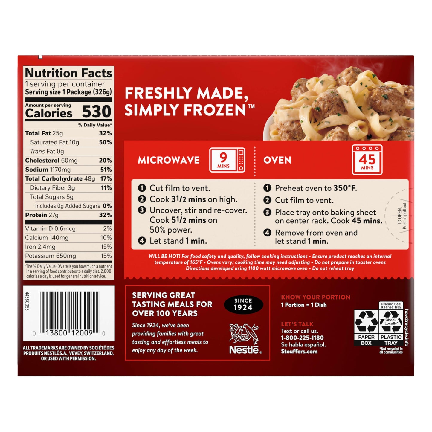 Stouffers Swedish Meatballs, Single Serve, Frozen Pasta, Oven or Microwave Dinner, Single Frozen Meals