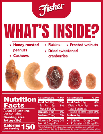 Fisher Snack Sweet Nut Trail Mix, 38 Ounce Jar, Honey Roasted Peanuts, Raisins, Frosted Walnuts, Cashews, Dried Cranberries