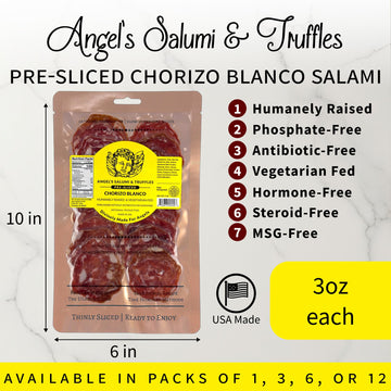 ANGELS SALUMI Pre-Sliced Chorizo Blanco Salami - 3oz Gourmet Charcuterie - Humanely Raised, & -Free (Pack of 6)