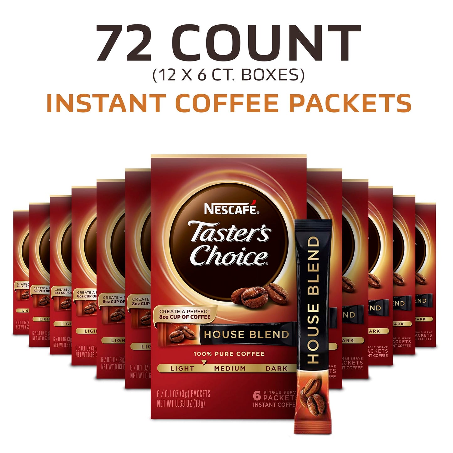 Nescafe Taster'S Choice, House Blend Light Medium Roast Instant Coffee, 12 Boxes (72 Packets)