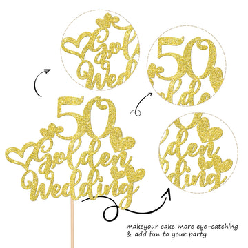 1 Pcs 50Th Wedding Anniversary Cake Topper Gold Glitter Heart 50 Golden Wedding Cake Pick Decoration For Cheers To 50 Years Happ