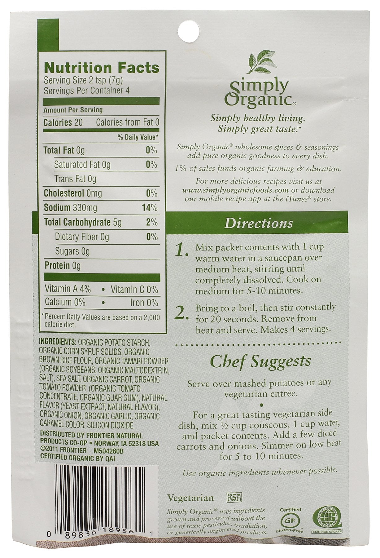 Simply Organic Vegetarian Brown Gravy Mix, 1 Ounce 12 Pack, Certified Organic, Gluten-Free Vegan Gravy Seasoning, Kosher