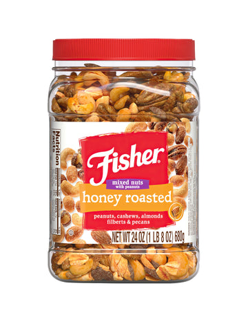 Fisher Snack Honey Roasted Mixed Nuts With Peanuts, 24 Ounces, Peanuts, Cashews, Almonds, Filberts, Pecans