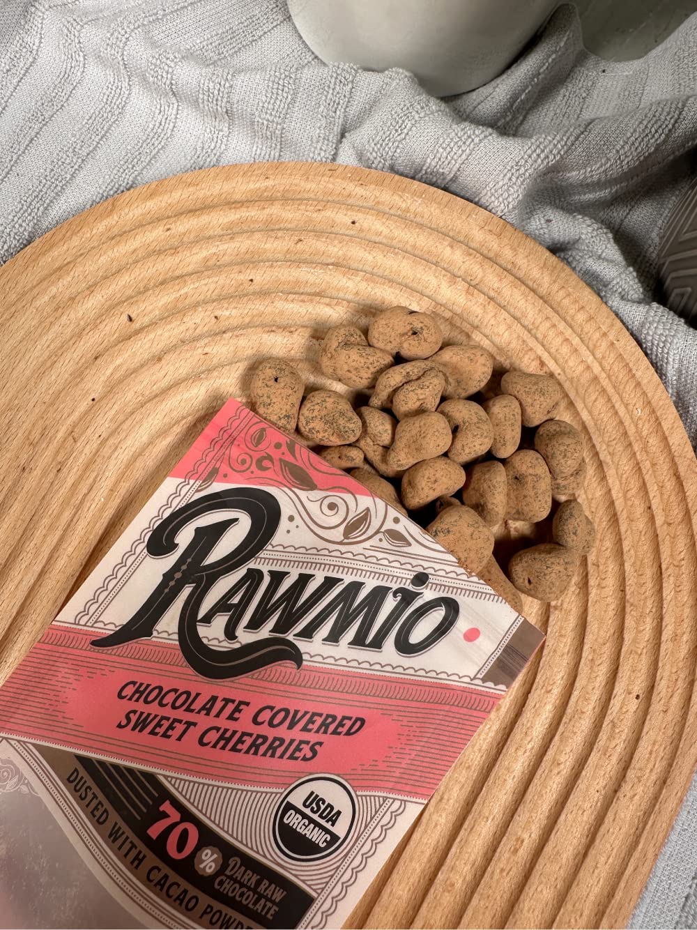Rawmio Chocolate Covered Sweet Cherries - Organic, Raw, Vegan, 70% Dark Chocolate, 18 Packs, 2 Oz.