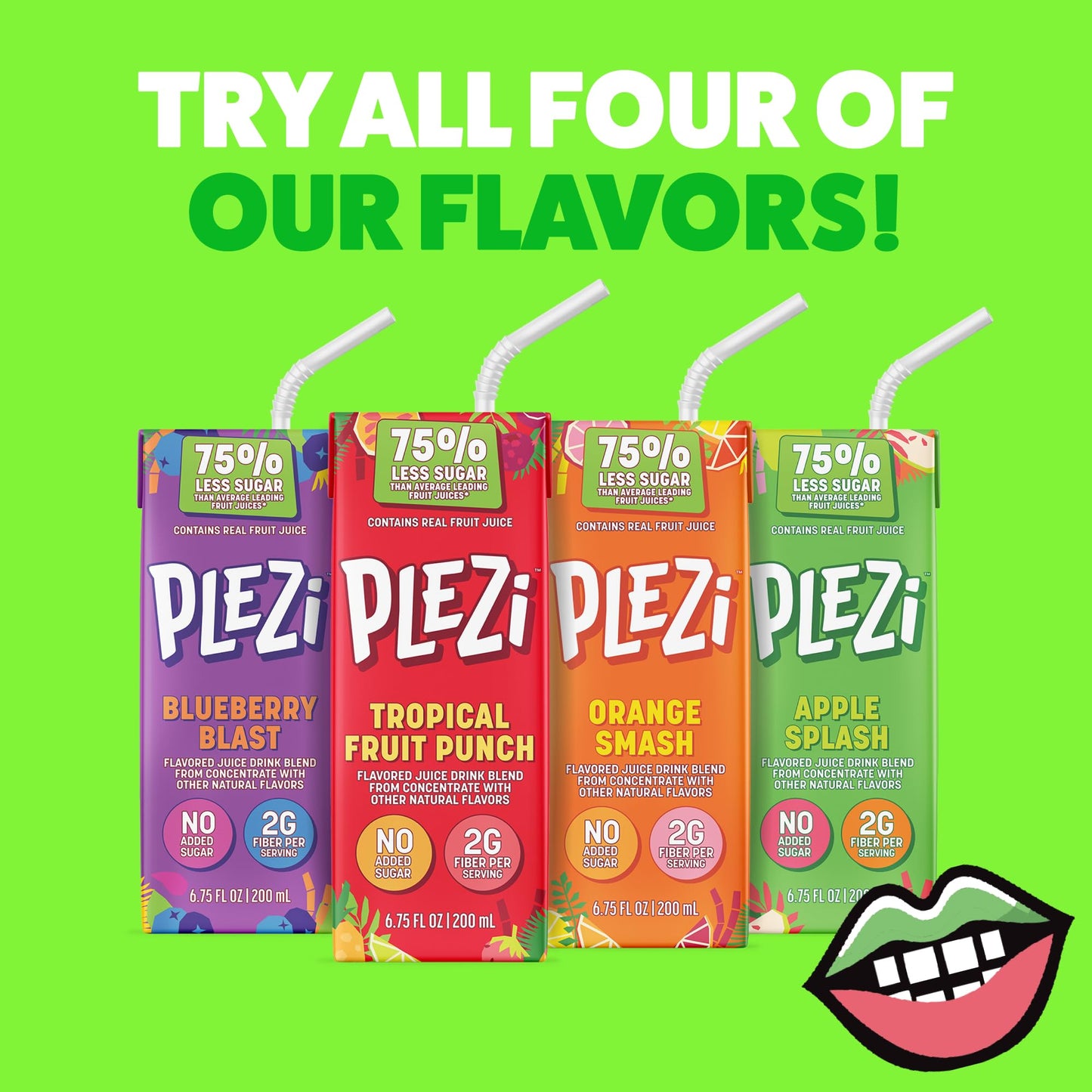 PLEZi Fruit Juice Boxes For Kids, Blueberry Blast - Low Sugar Drinks with Dietary Fiber, Healthy Vitamin C, and Potassium Electr