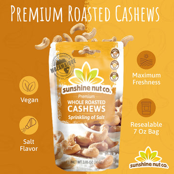 Sunshine Nut Co. Whole Roasted Lightly Salted Cashews, Sprinkling Of Salt Flavor, 4 Pack, 7 Oz. Each, Gluten Free, Peanut Free And Vegan Individual Snack Packs For Kids And Adults, Gmo Free