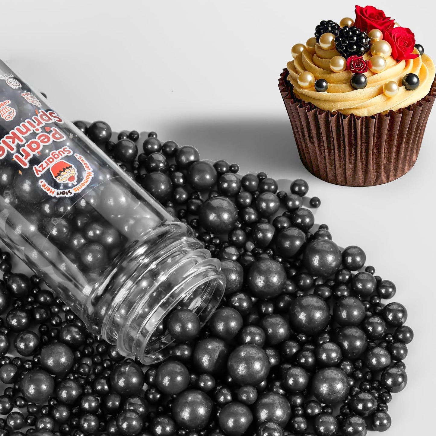 Sugarzy Black Pearls Sprinkles Edible Cake Decorating Sugar 130g Mix Size Black Pearl