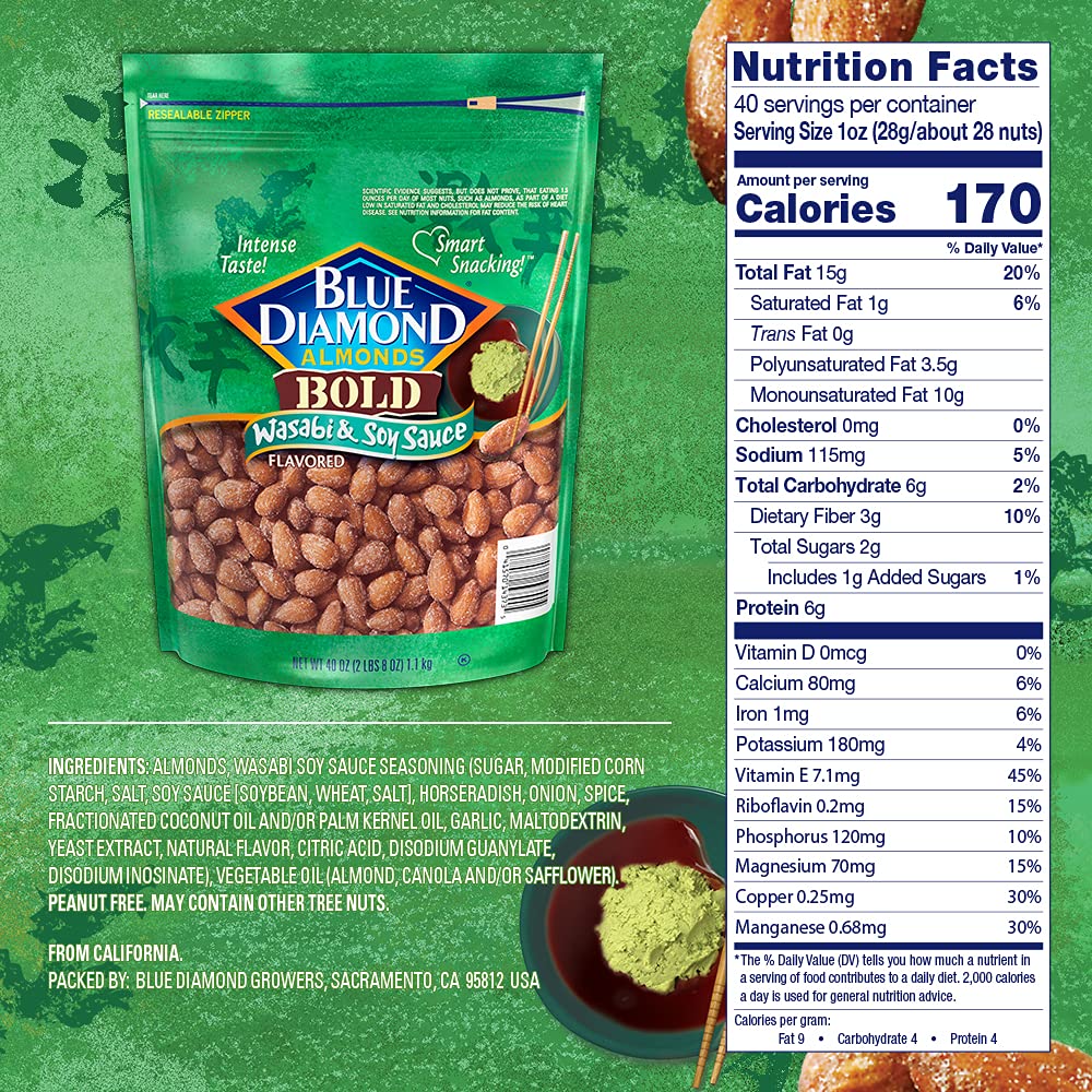 Blue Diamond Almonds Wasabi & Soy Sauce Flavored Snack Nuts, 40 Oz Resealable Bag (Pack Of 1)