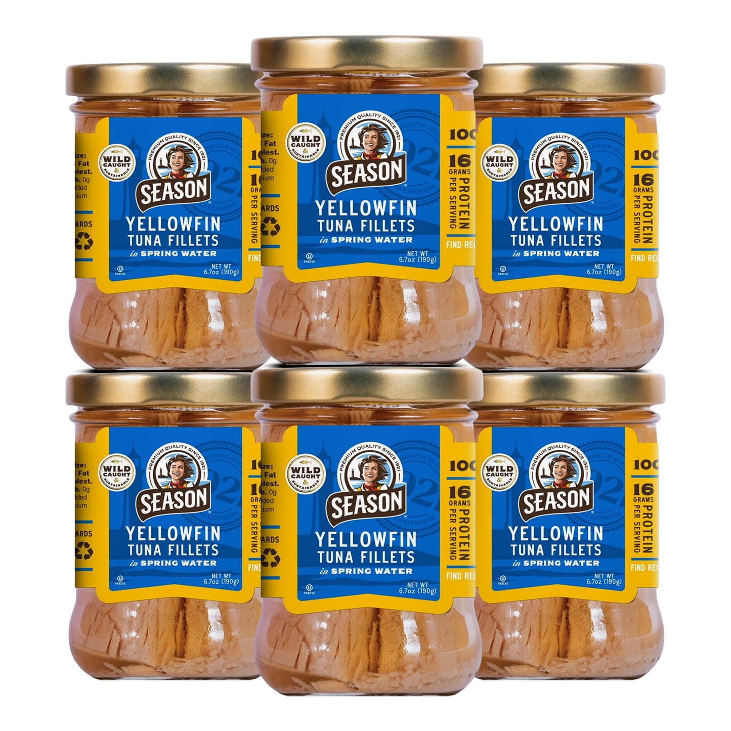 Season Yellowfin Tuna Fillets In Spring Water - Wild Caught Hand-Packed In Glass Jars 16G Of Protein Per Serving Top-Grade Quality - 6.7 Oz (Pack Of 6)