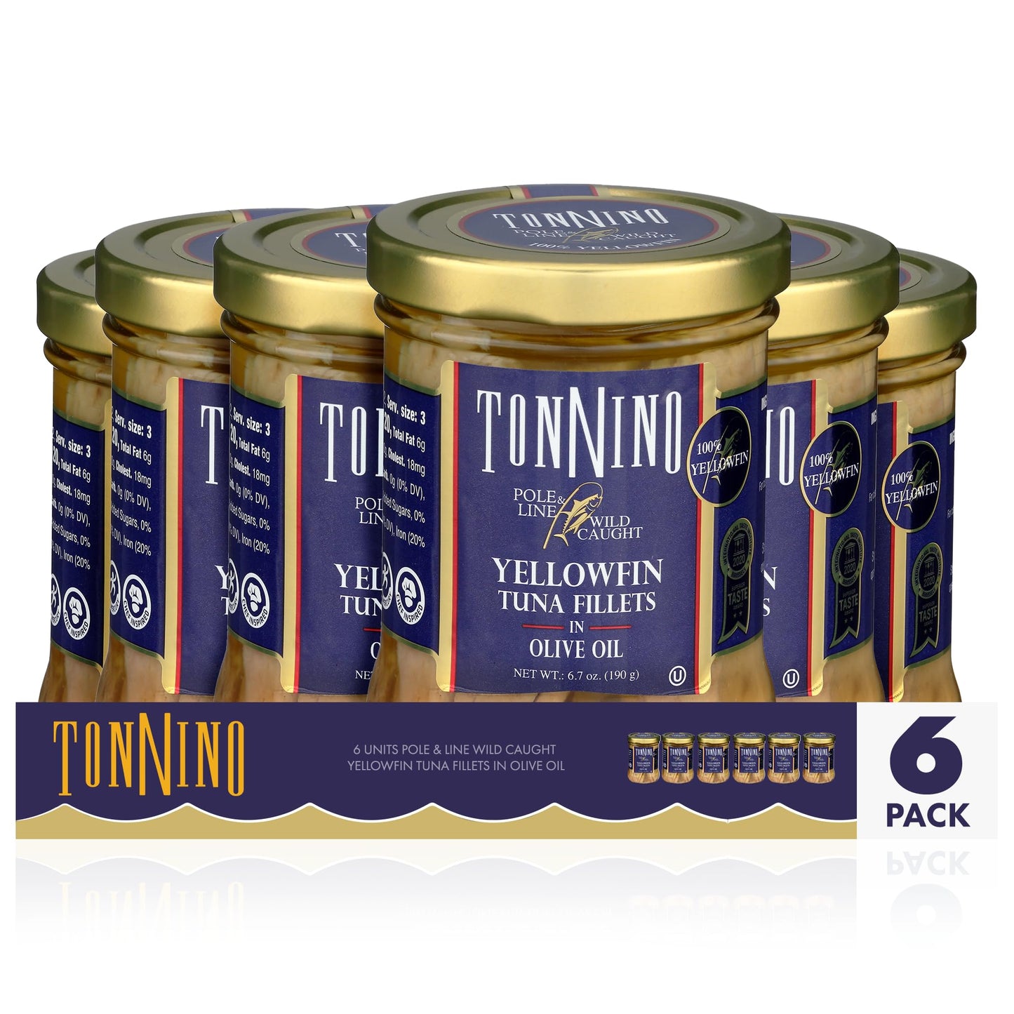 Tonnino Yellowfin Tuna in Olive Oil - Pack of 6 - 6.7 Ounces - Protein Snack, Ready to Eat Meals