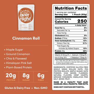 Oats Overnight Vegan Overnight Oats, Cinnamon Roll, High Protein, Gluten Free, 2.3 oz per meal, Pack of 16