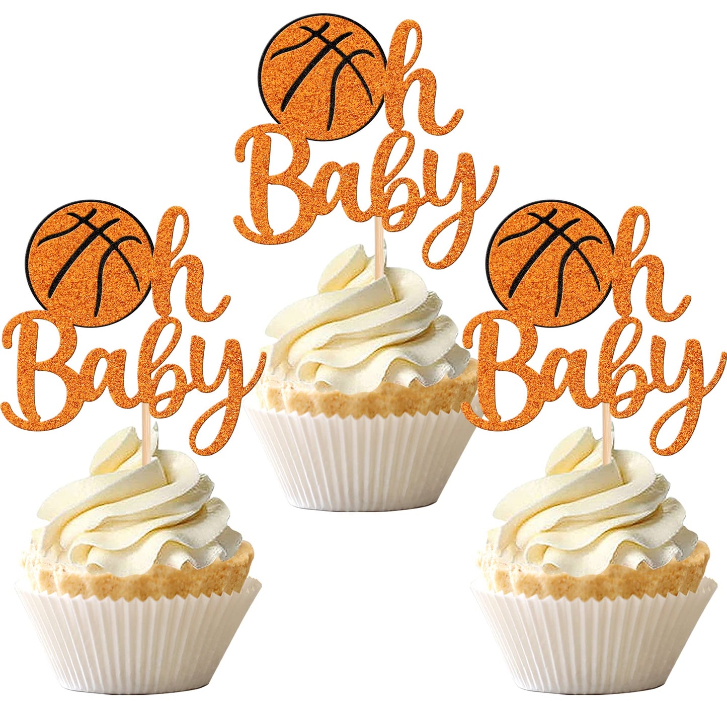 24 Pcs Basketball Oh Baby Cupcake Toppers Glitter Baby Shower Basketball Cupcake Picks For Basketball Sports Theme Baby Shower Kids Boys Girls Birthday Party Cake Decorations Supplies Orange