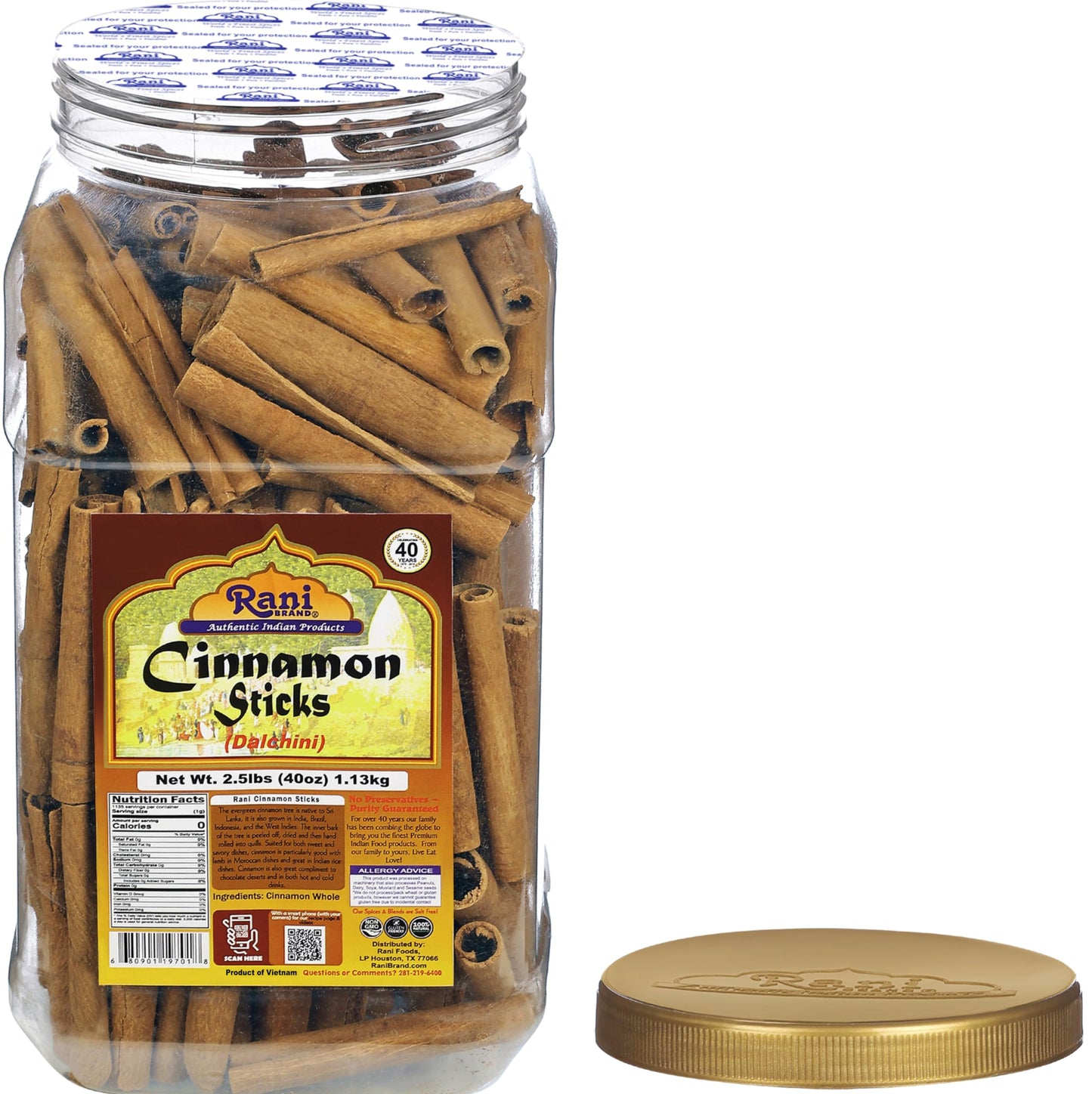 Rani Cinnamon Sticks 40Oz (2.5Lbs) 1.13Kg Bulk Pet Jar - 220-250 Sticks - Strong Aroma, Perfect For Baking, Cooking & Beverages | 3+ Inches Length - Cassia Saigon Cinnamon From Vietnam | Kosher