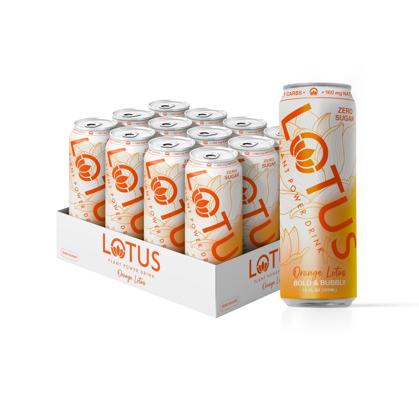 Lotus Plant Power Orange Lotus Drink - Sugar Free, Low Calorie, 160 mg Caffeine, 12 oz, 12 Count