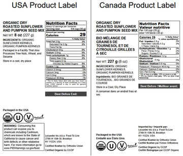 Food To Live Organic Dry Roasted Sunflower And Pumpkin Seed Mix, 8 Ounces - Oven Roasted, No Oil Added, Healthy, Natural Snack,