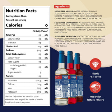 Torani Sugar Free Syrup Variety 3-Pack, Strawberry, Raspberry, And Vanilla, Zero-Calorie Syrups For Drinks, Pumps Included, 25.4