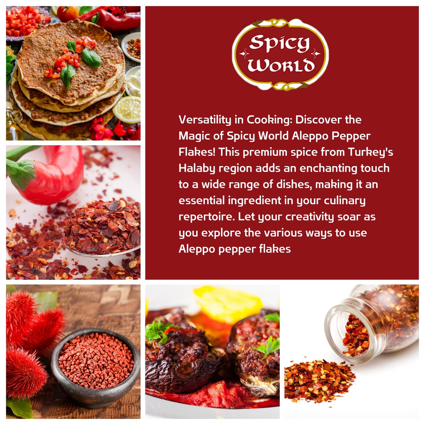 Spicy World Aleppo Pepper Flakes 7 Oz | Authentic Turkish Chili Spice For Exquisite Heat & Flavor | Premium Crushed Chili Pepper From Halaby Region | Popular In Turkish & Middle Eastern Cooking