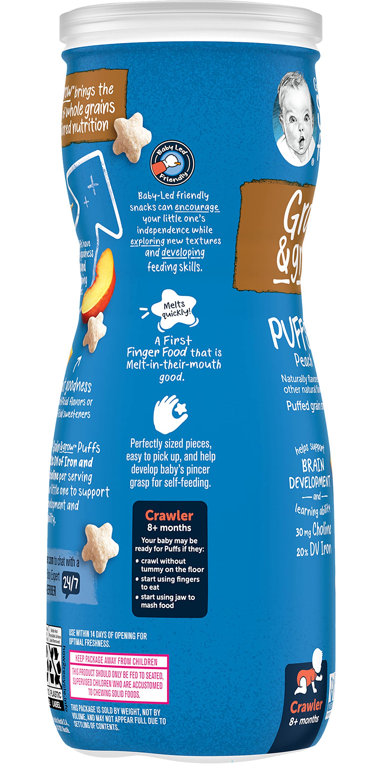Gerber Snacks For Baby Grain & Grow Puffs, Peach, Puffed Grain Snack For Crawlers, Non-Gmo & Baby Led Friendly Snacks, 1.48-Ounc