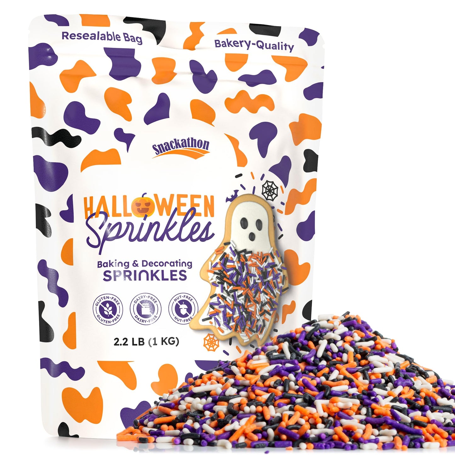 Snackathon Sprinkles for Baking & Decorating, Halloween Sprinkles, 2.2 LB Bulk Spooky Jimmies in Resealable Pouch - Orange, Blac