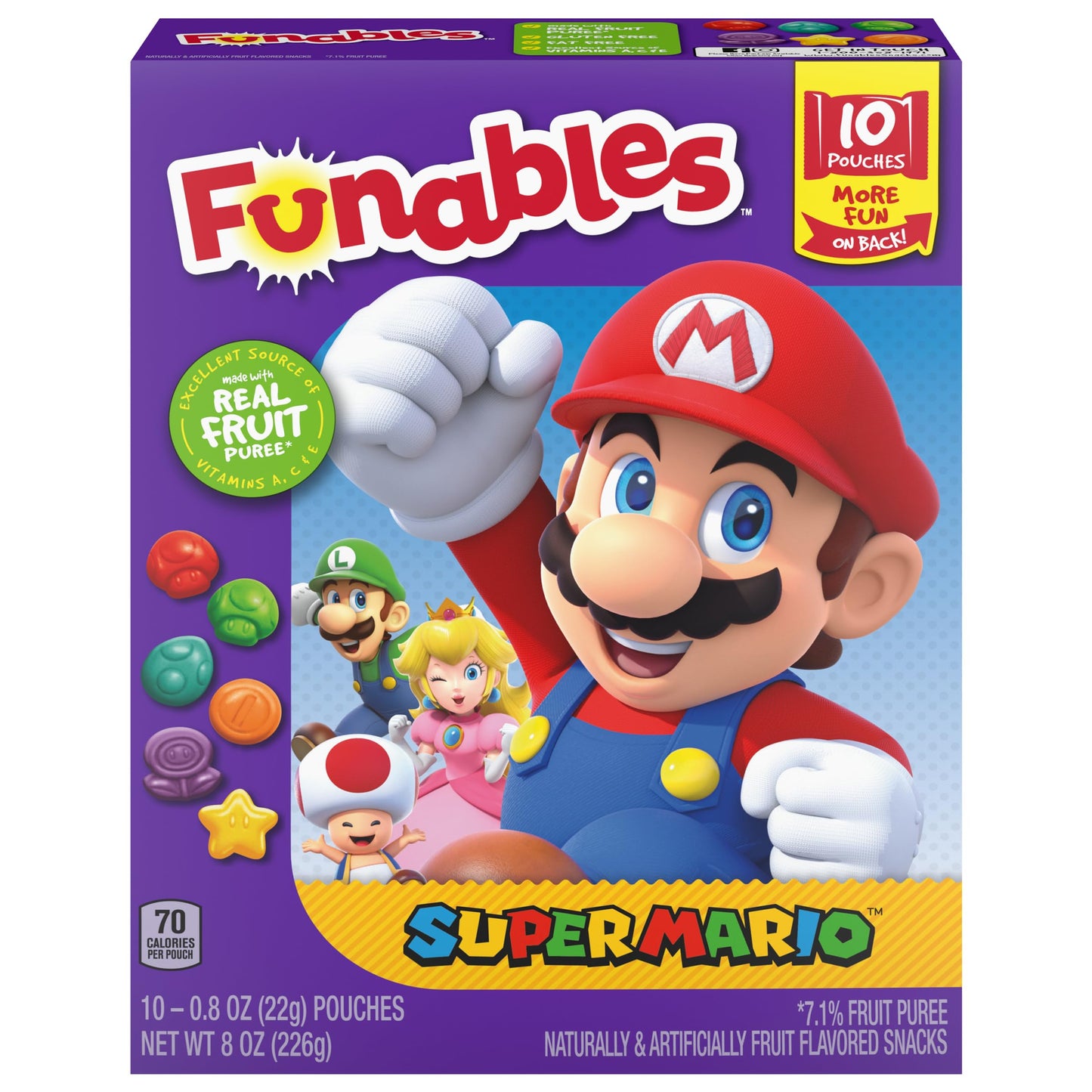 Funables Fruit Snacks, Super Mario Shaped Fruit Flavored Snacks, 0.8 Ounce Pouches (Pack Of 10)