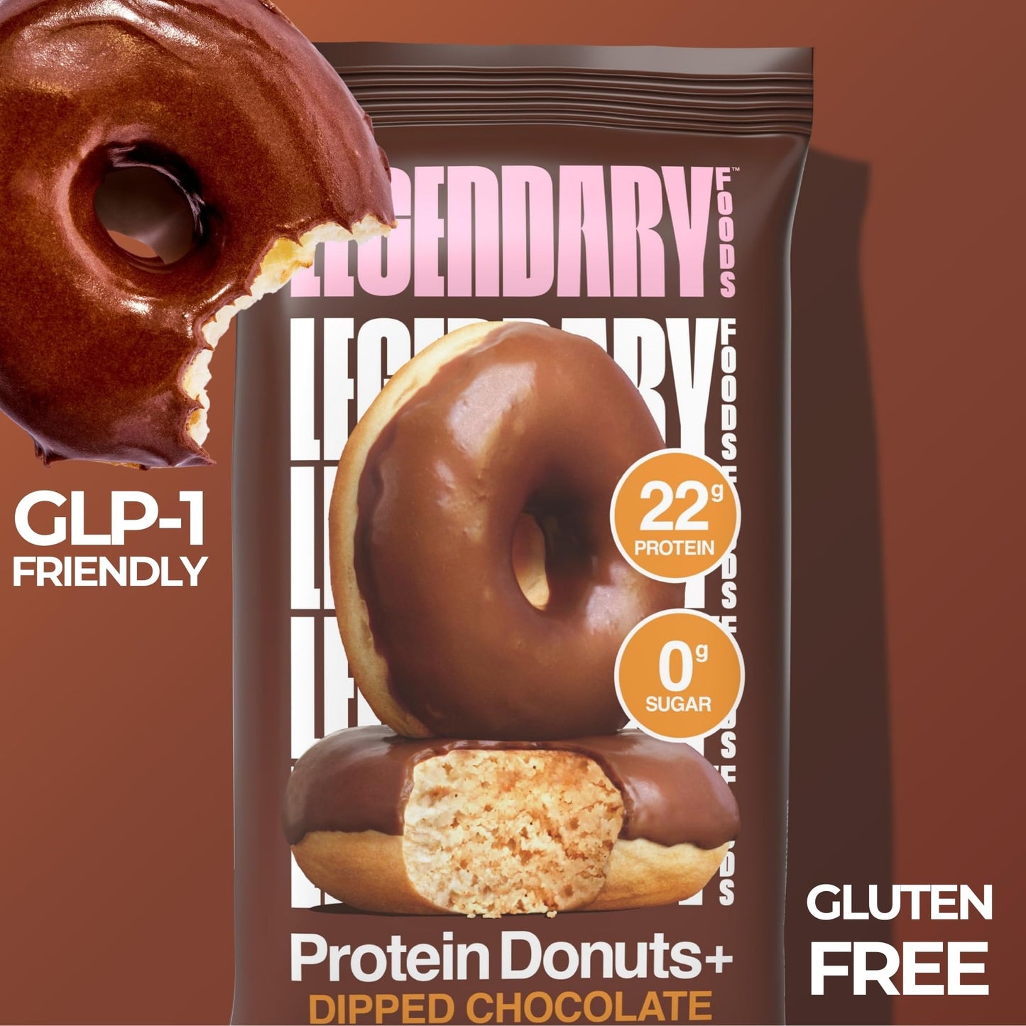 Legendary Foods Protein Donuts - 22g Protein Dipped Chocolate Zero Sugar Snack Gluten Conscious Low Carb Keto Suitable Diabetic and GLP-1 Diets - 8 Pack with Two Donuts per pack