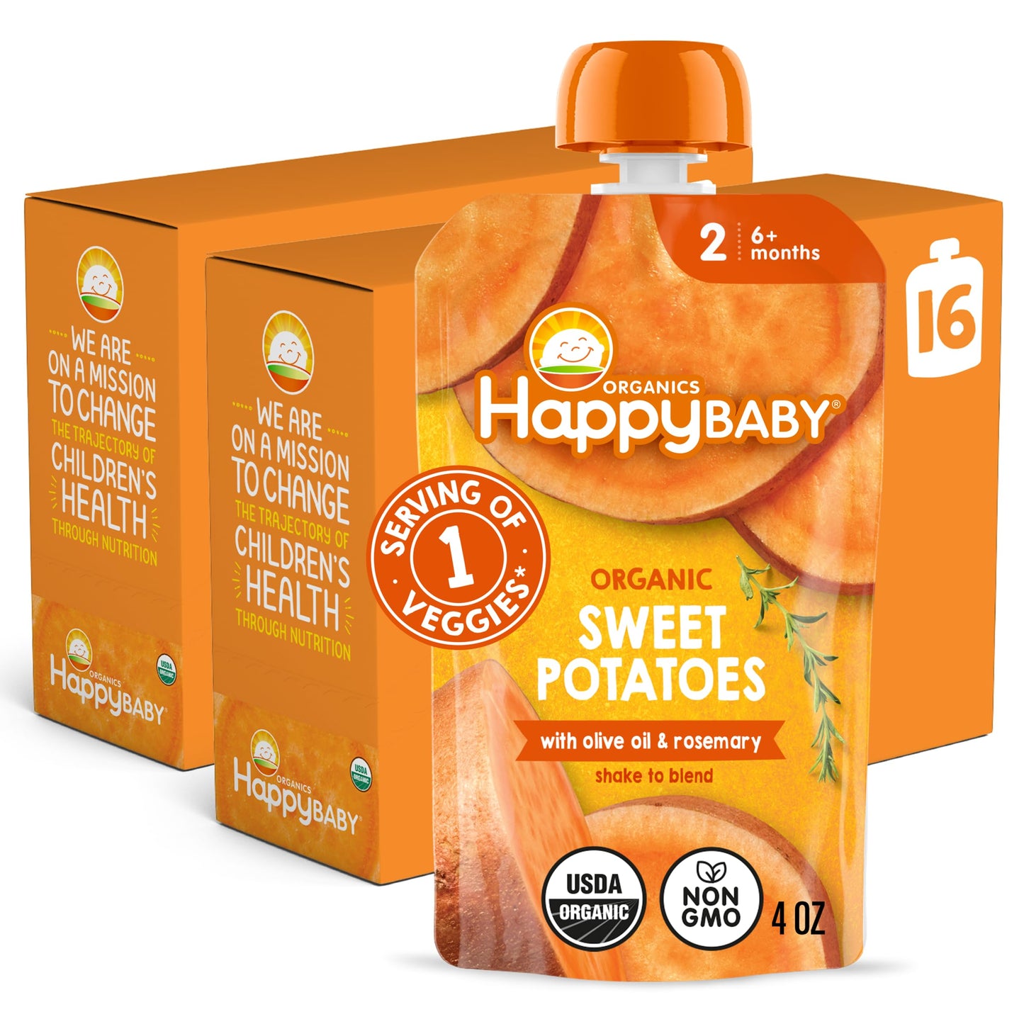 Happy Baby Organics Savory Blends Stage 2 Baby Food, Sweet Potatoes With Olive Oil + Rosemary, 4 Ounce Pouch (Pack Of 16)