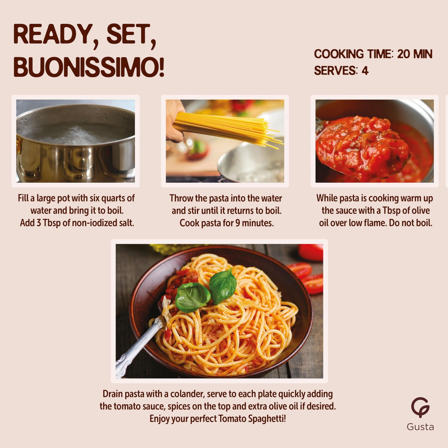GUSTA Tomato Spaghetti Pasta Meal Kit - Gourmet Italian Food - Makes 5 Meals - Includes Recipe Booklet - Spaghetti Pomodoro