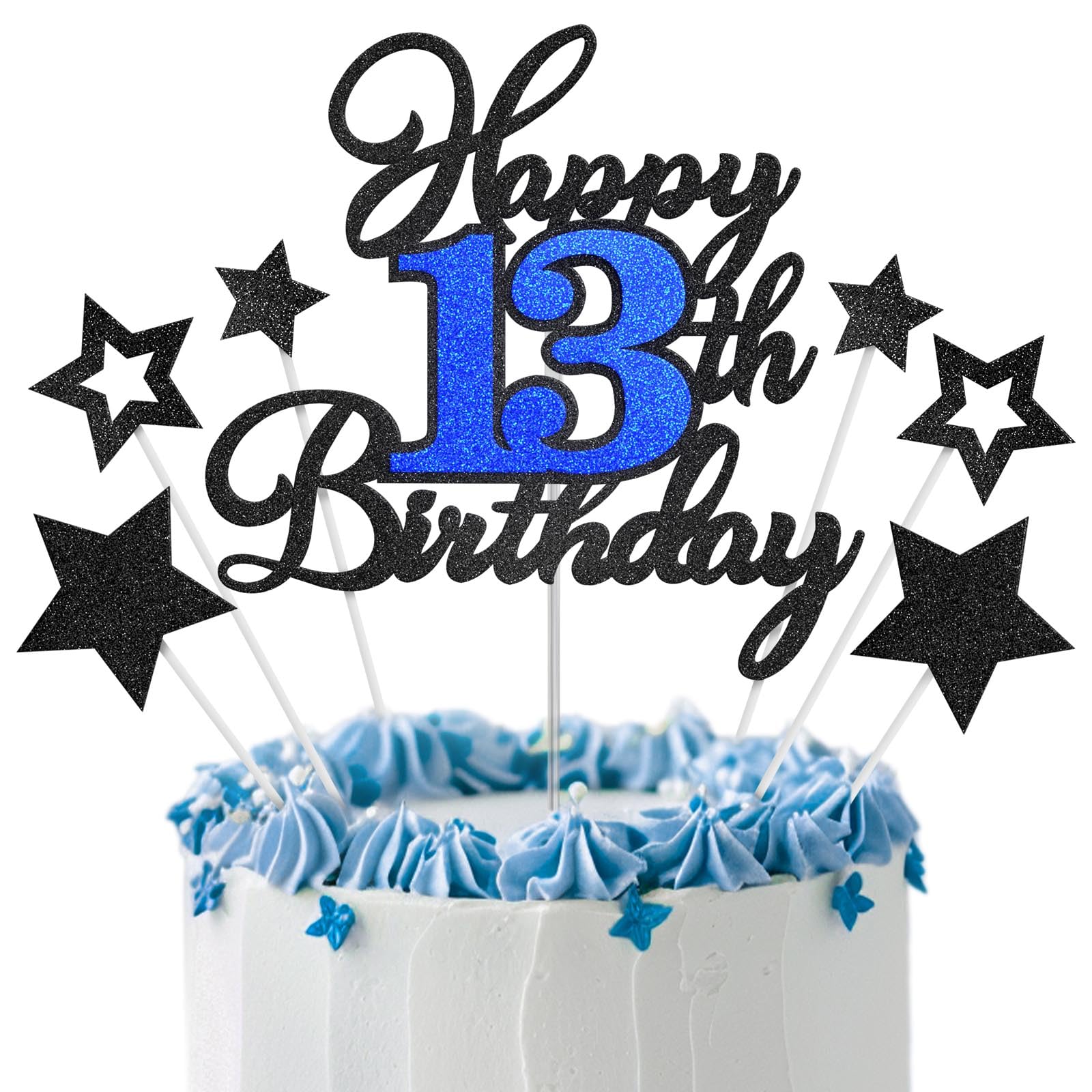 Happy 13th Birthday Cake Toppers, Black Blue Glitter Cake Decorations Set, 13th Birthday Decor, Birthday Anniversary Party Decor