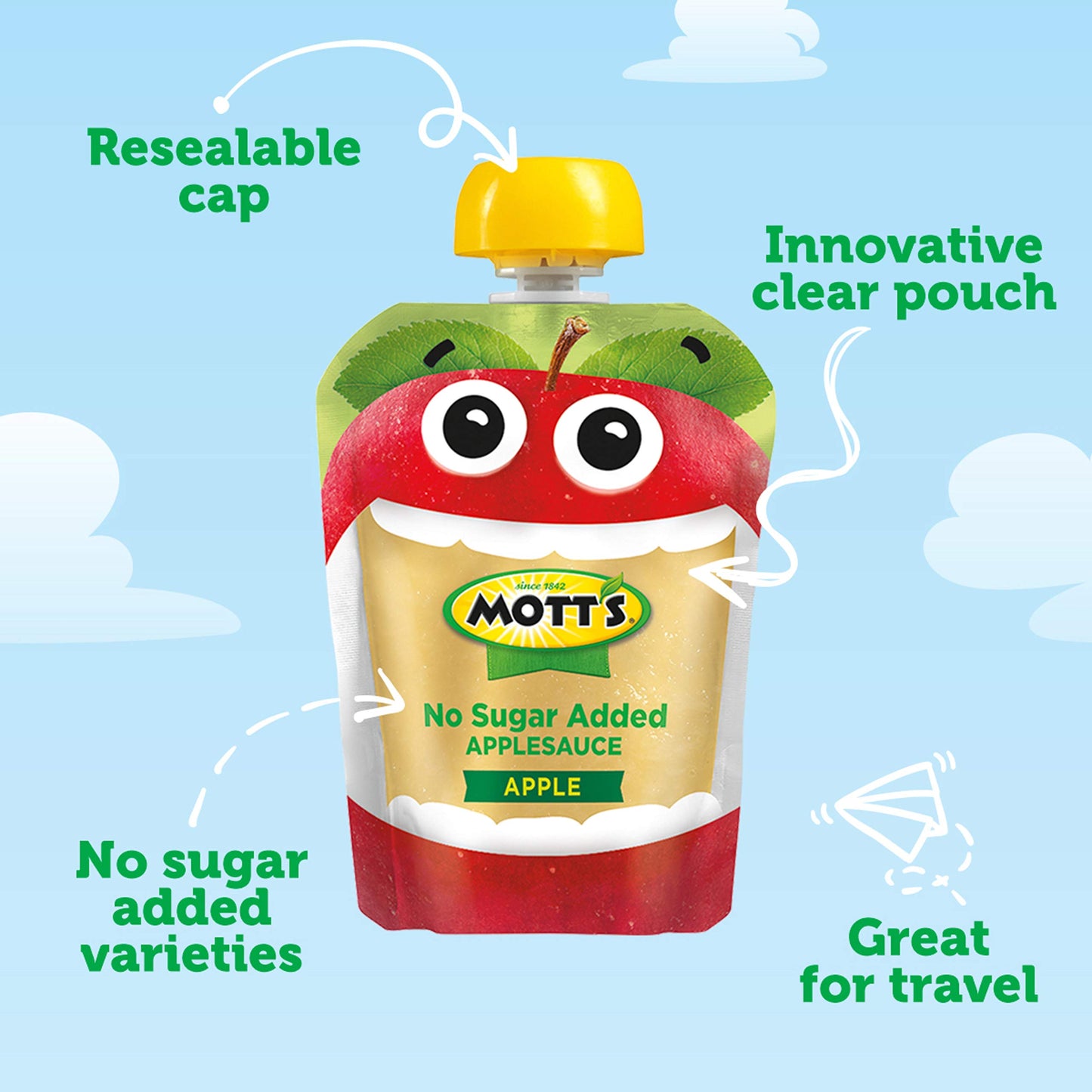 Mott'S No Sugar Added Applesauce, 3.2 Oz Clear Pouches, 48 Count (4 Packs Of 12), Good Source Of Vitamin C, No Artificial Flavor