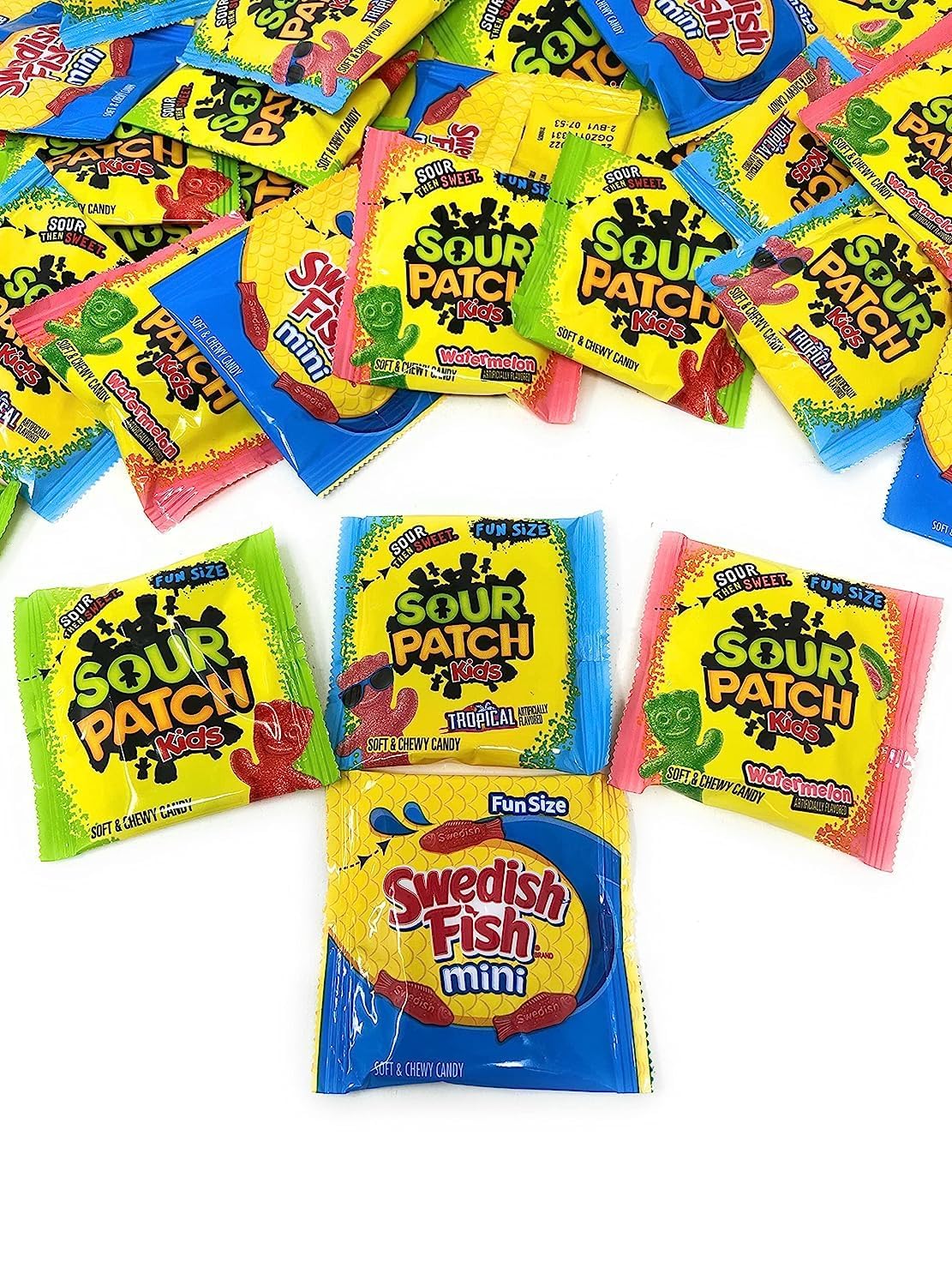 Bulk Gummy Candy Assortment - 1.5-Lbs Sour Patch Kids Original, Tropical And Watermelon, And Swedish Fish Minis - Sweet And Sour