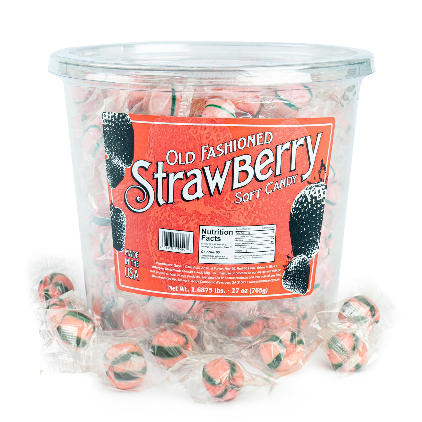 Stewart Old Fashioned Strawberry Candy Puffs | Individually Wrapped Candy | Pure Cane Sugar Candy | Fat-Free, Cholesterol-Free, Gluten-Free | Classic Soft/Hard Texture, Made In Usa - 27 Oz Tub