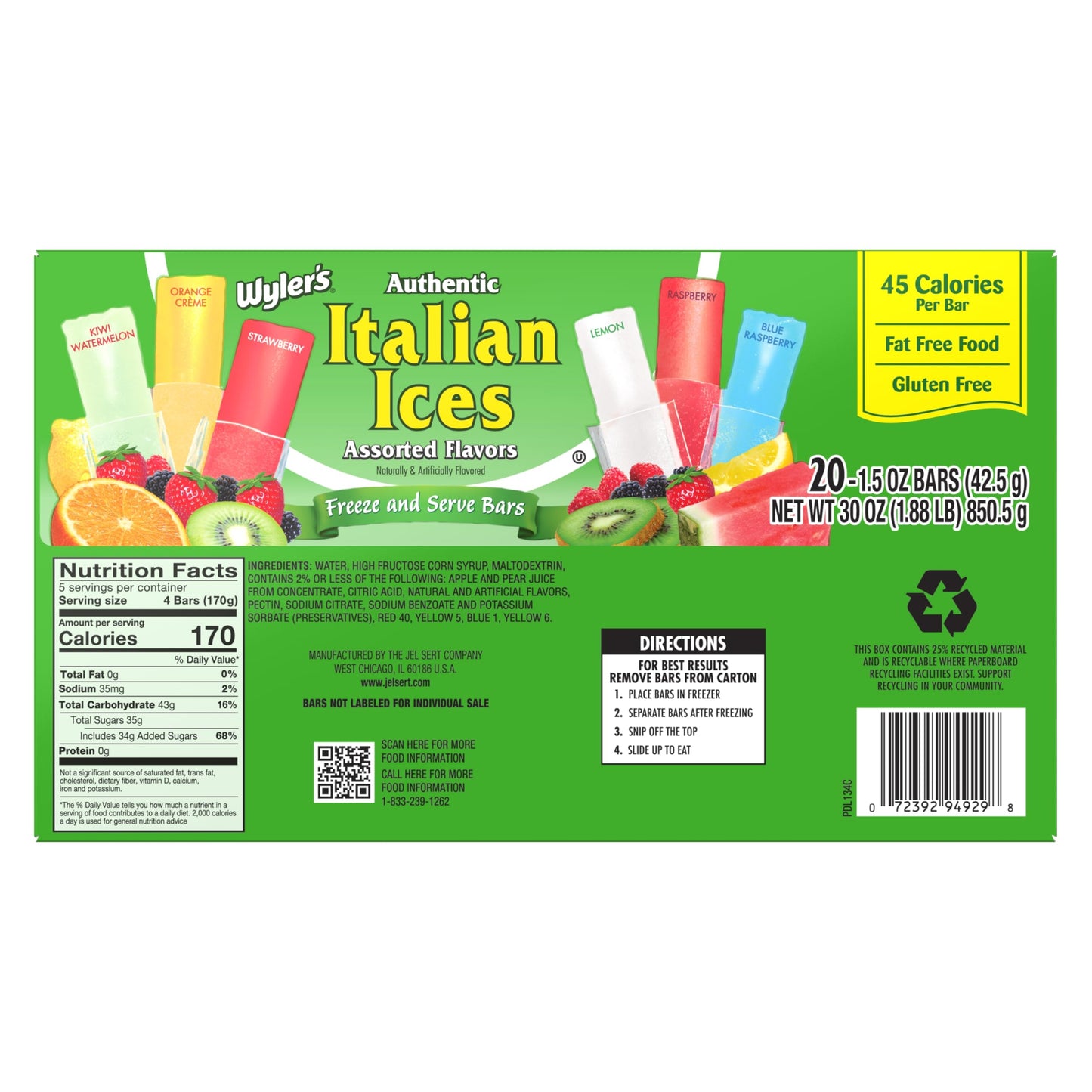 Wylers Authentic Italian Ice Fat Free Freezer Bars Original Flavors 1.5oz bars, 20 count