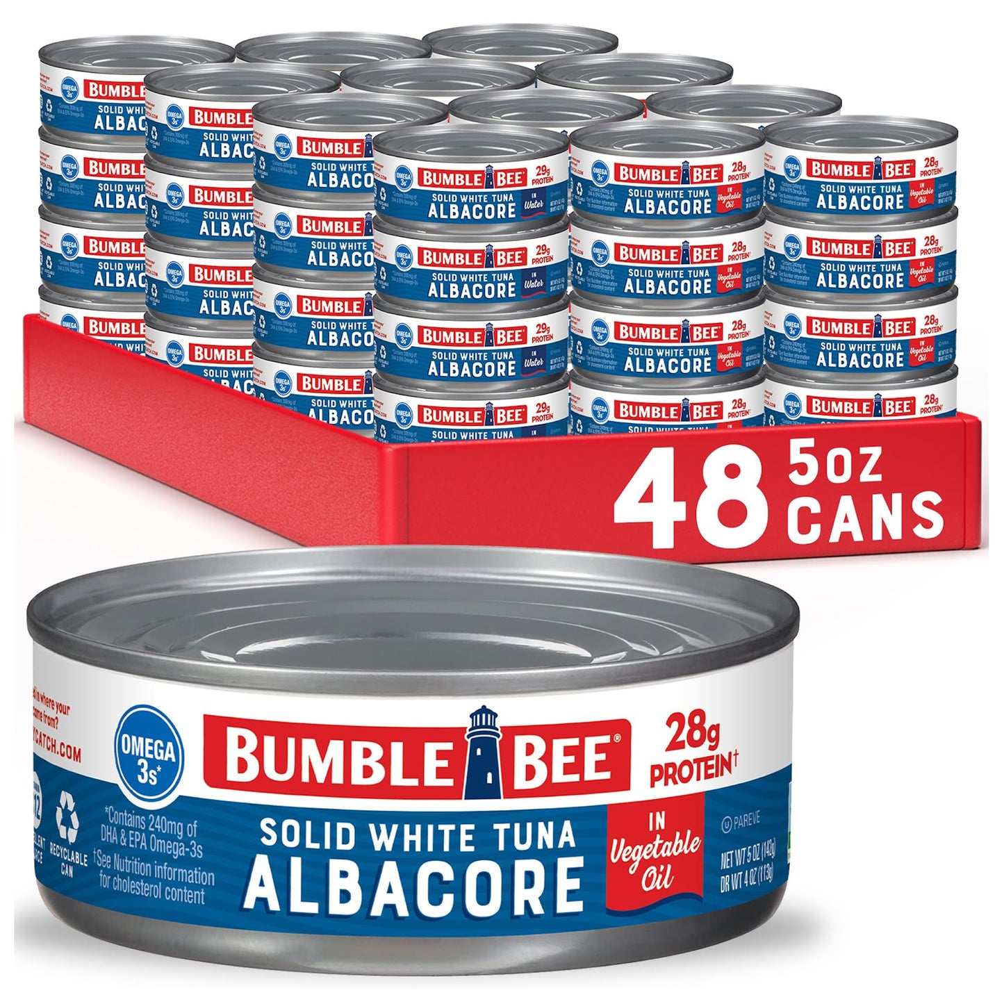 Bumble Bee Solid White Albacore Tuna in Oil, 5 oz Can (Pack of 48) - Wild Caught Tuna - 28g Protein per Serving, High in Omega-3