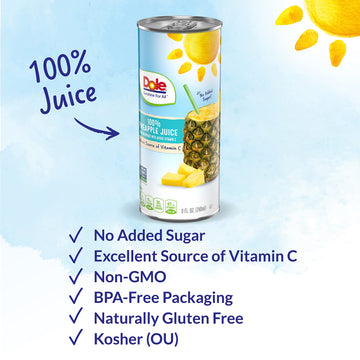Dole 100% Pineapple Juice, 8.4 Fl Oz Cans, Pack of 24, with Added Vitamin C