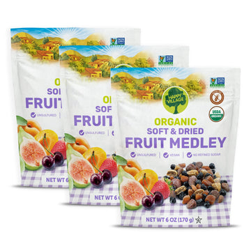 Happy Village Organic Dried Fruit Mix - Apricots, Figs, Strawberries & Tart Cherries, 18 Oz (3 Packs Of 6 Oz) - Kosher, Non-Gmo, No Refined Sugar, Vegan, Unsulfured Dried Fruit Medley