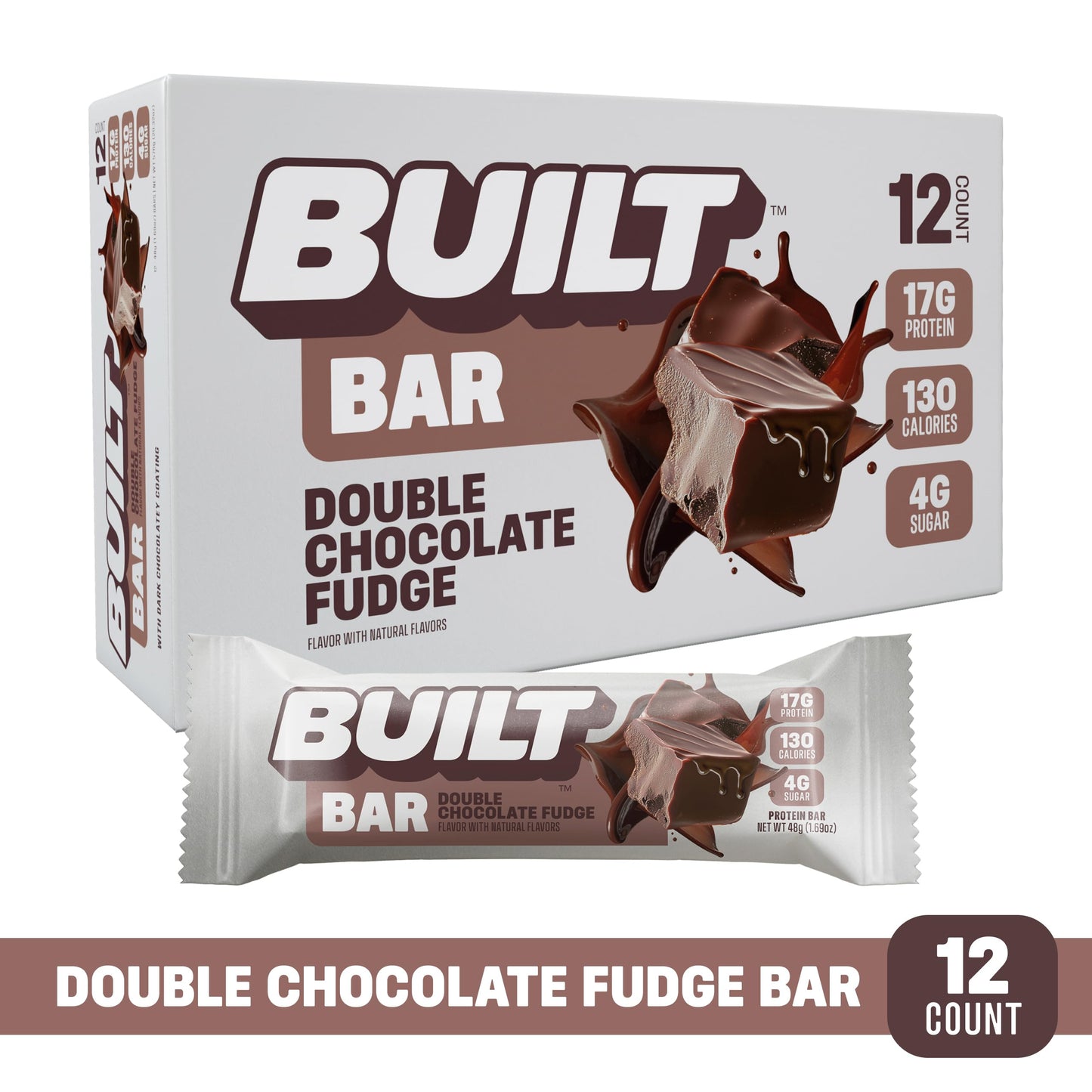 Built Bar, Protein Bars, 17G Protein Snacks, On-The-Go Bars With Only 130 Calories & 4G Sugar, Double Chocolate Fudge, 12 Count