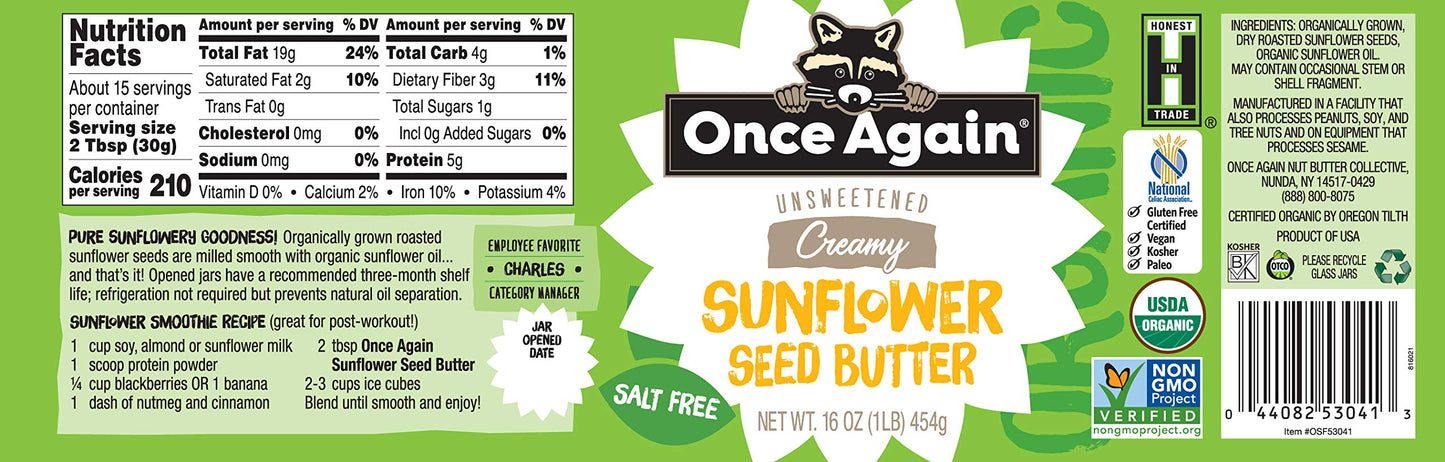 Once Again Organic Creamy Sunflower Butter, 16Oz - Salt Free, Unsweetened - Peanut Free, Usda Organic, Gluten Free Certified, Vegan, Kosher - Glass Jar (1 Jar)