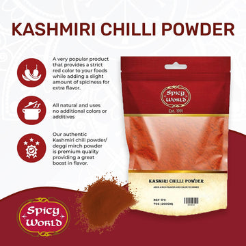 Spicy World Kashmiri Chili Powder - 7 oz Resealable Bag | All Natural, Low Heat Red Chili Powder for Cooking and Seasoning