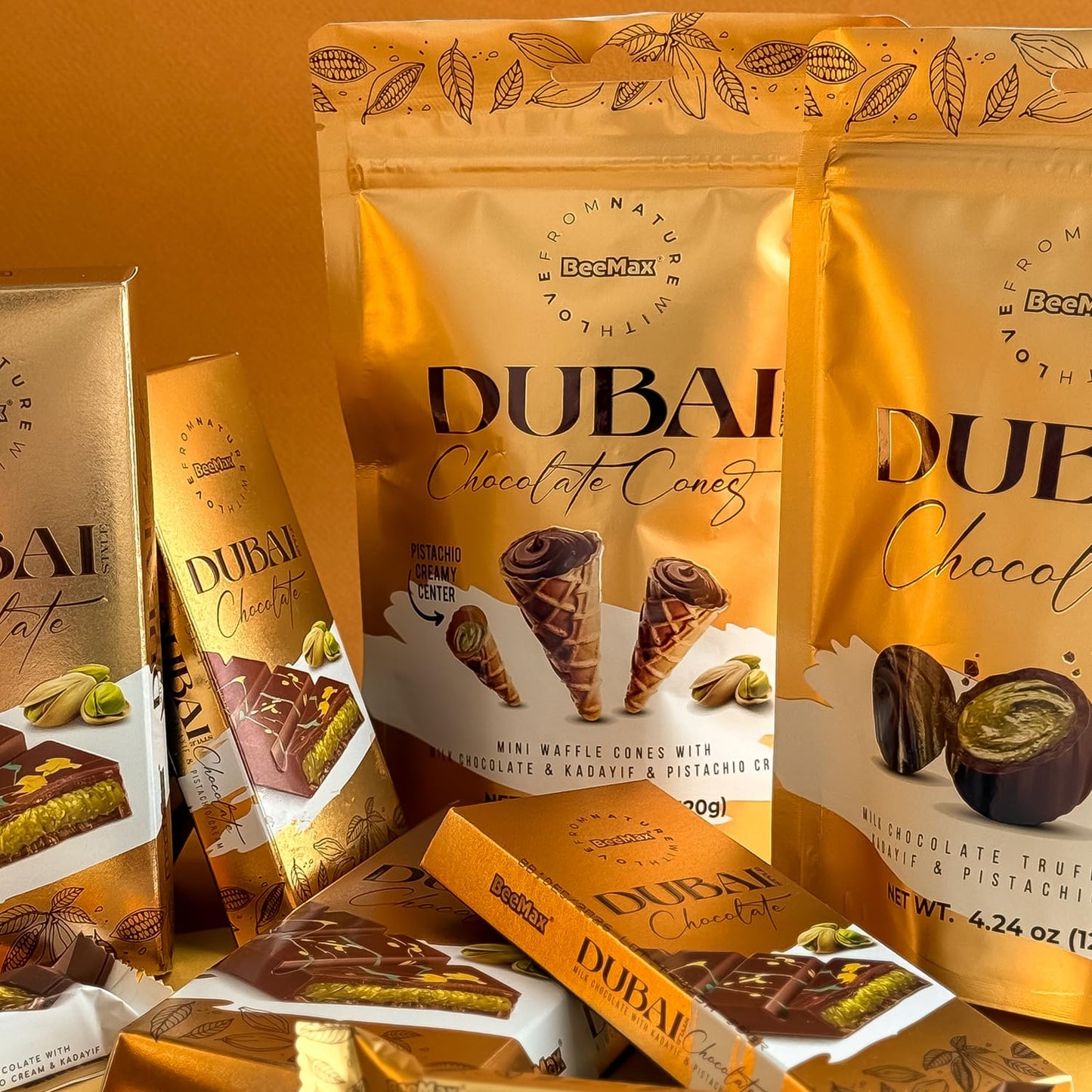 Beemax Authentic Dubai-Style Chocolate Bar | 2 Pack | 7 oz of elegant Middle Eastern Indulgence | enhanced Milk Chocolate Golden Kadayif Crisps Velvety Tahini & Hand-Harvested Pistachios - Imported from Turkey