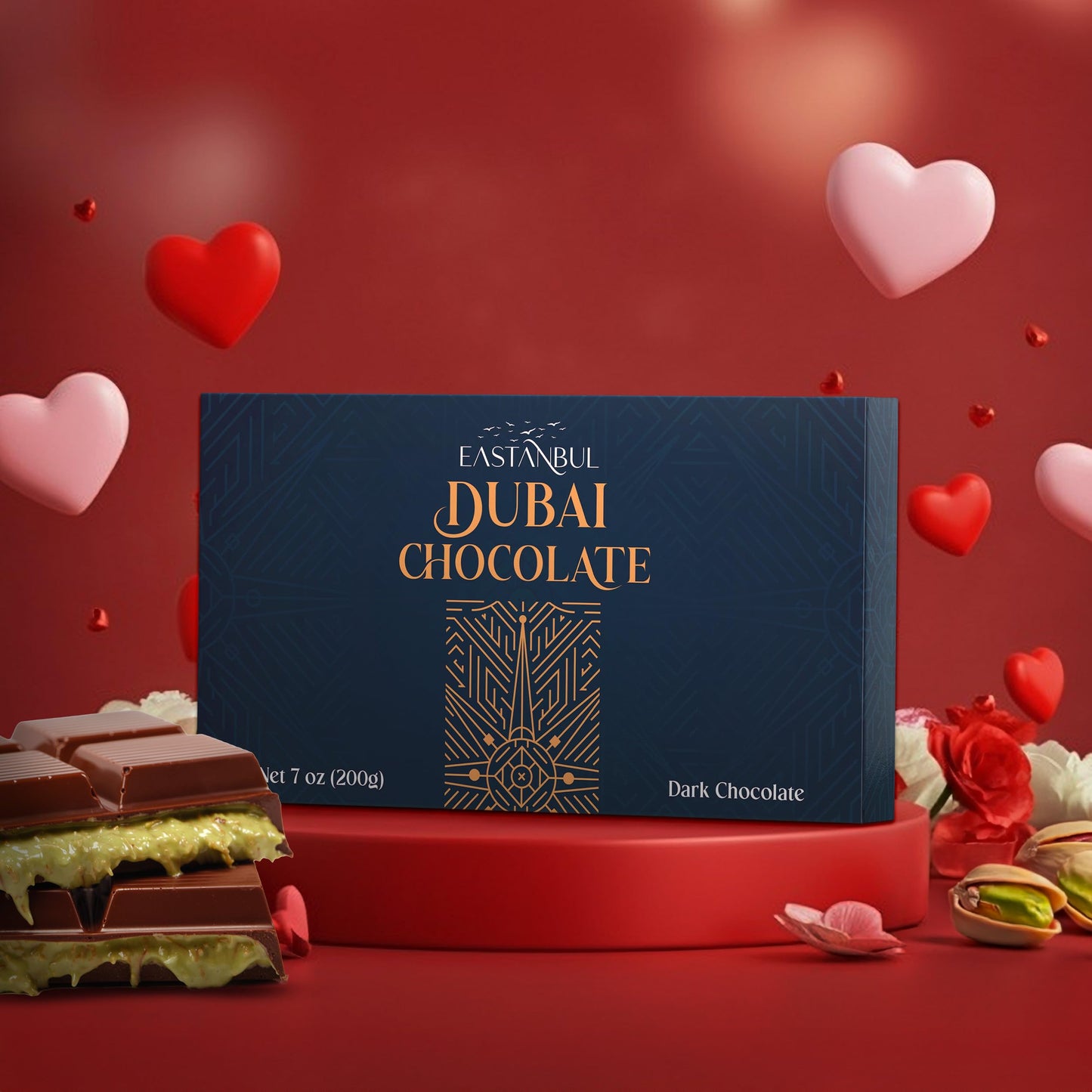 Eastanbul Dubai Dark Chocolate Bar Pistachio, 7Oz, Enhanced Belgium Chocolate, Pistachio Dubai Bar, Viral Candy With Shredded Phyllo Dough, Knafeh, Gift Box