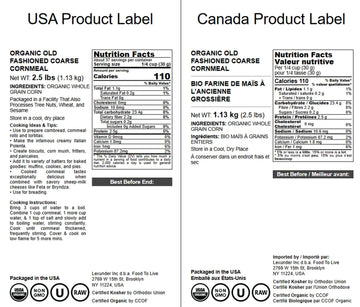 Food To Live Organic Old Fashioned Cornmeal Coarse, 2.5 Pounds - Non-Gmo, Whole Grain, Vegan, Kosher, Bulk Yellow Milled Maize,
