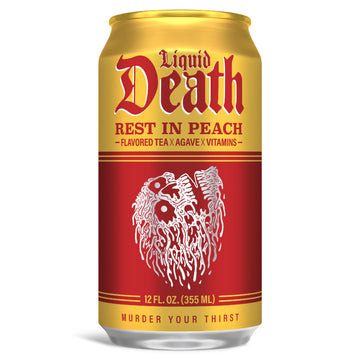 Liquid Death, Rest In Peach Iced Tea, 12-Pack (12 Oz Cans), Peach Flavored Back Tea, Low Calorie, No Artificial Sweeteners, B12